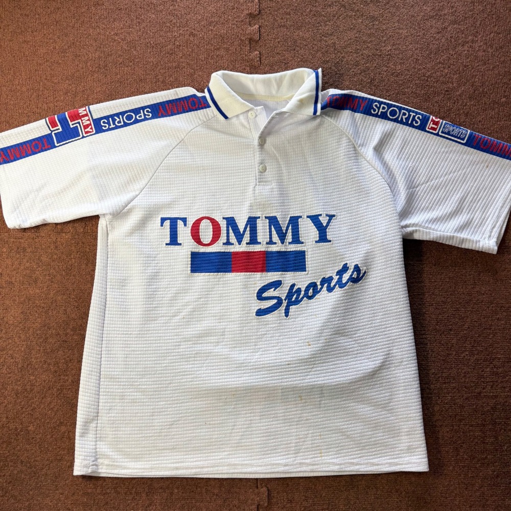Vintage Tommy Sports Waffle Knit Polo Shirt White Blue Red Logo Tape Mens XL B-